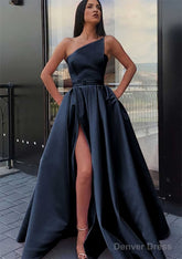 A-line One-Shoulder Long/Floor-Length Satin Prom Dresses With Pockets Waistband Split